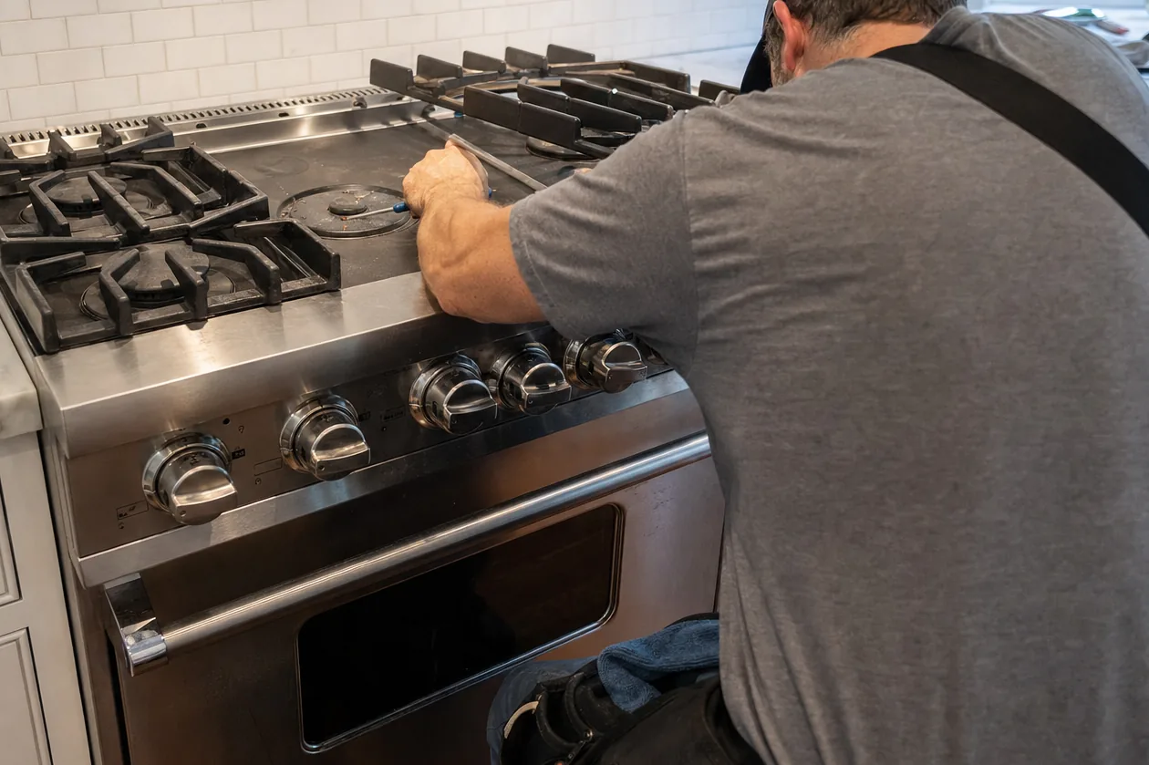 A stainless range in a tiled kitchen seen from below the line of the extraction canopy