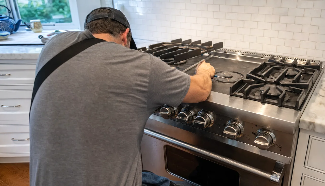 Heavy cast-iron grates lifted clear of the burner bed on a stainless cooking appliance