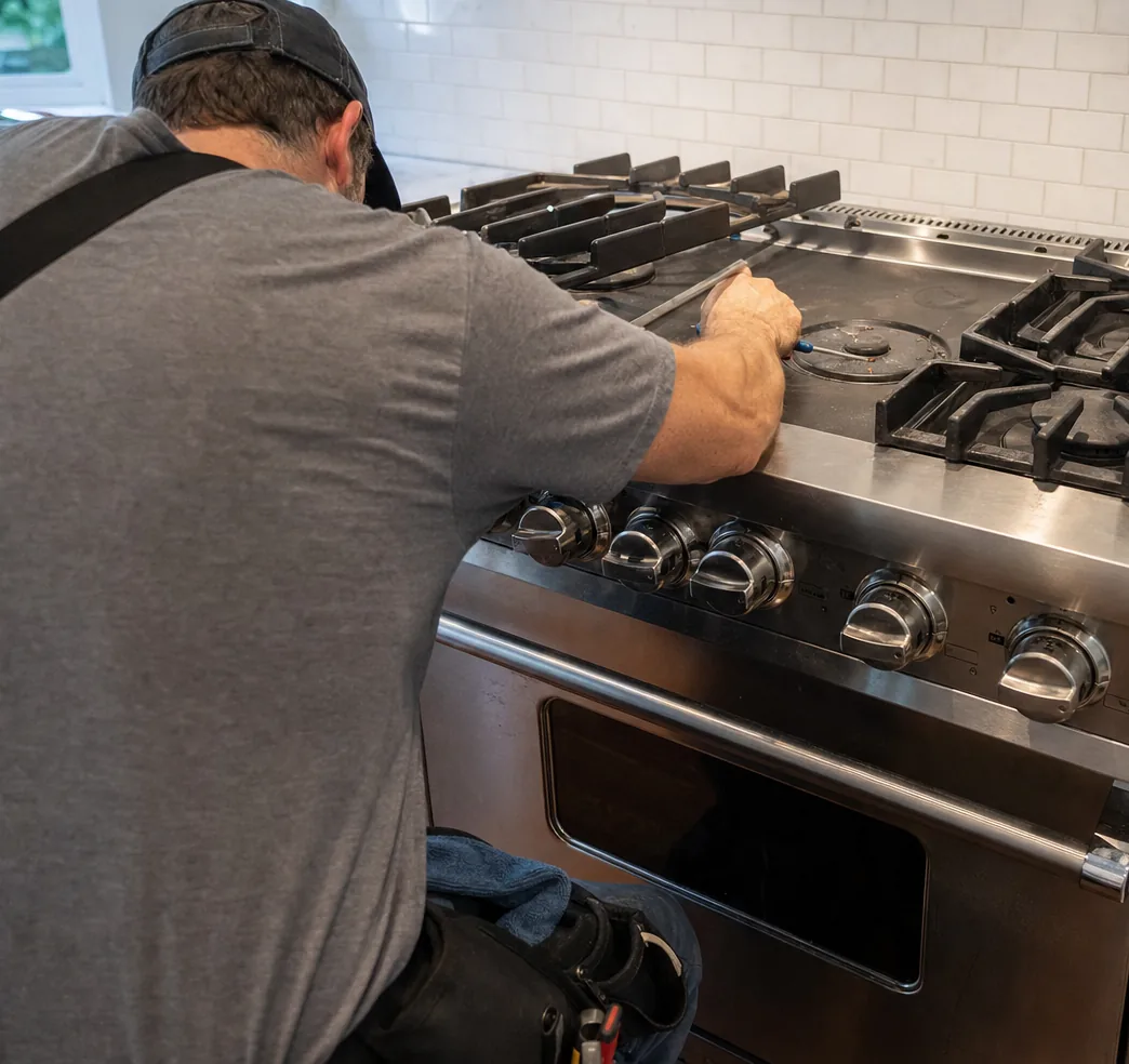 A technician leaning over the burner deck of a stainless range with the knob rail and the oven door below in the same frame